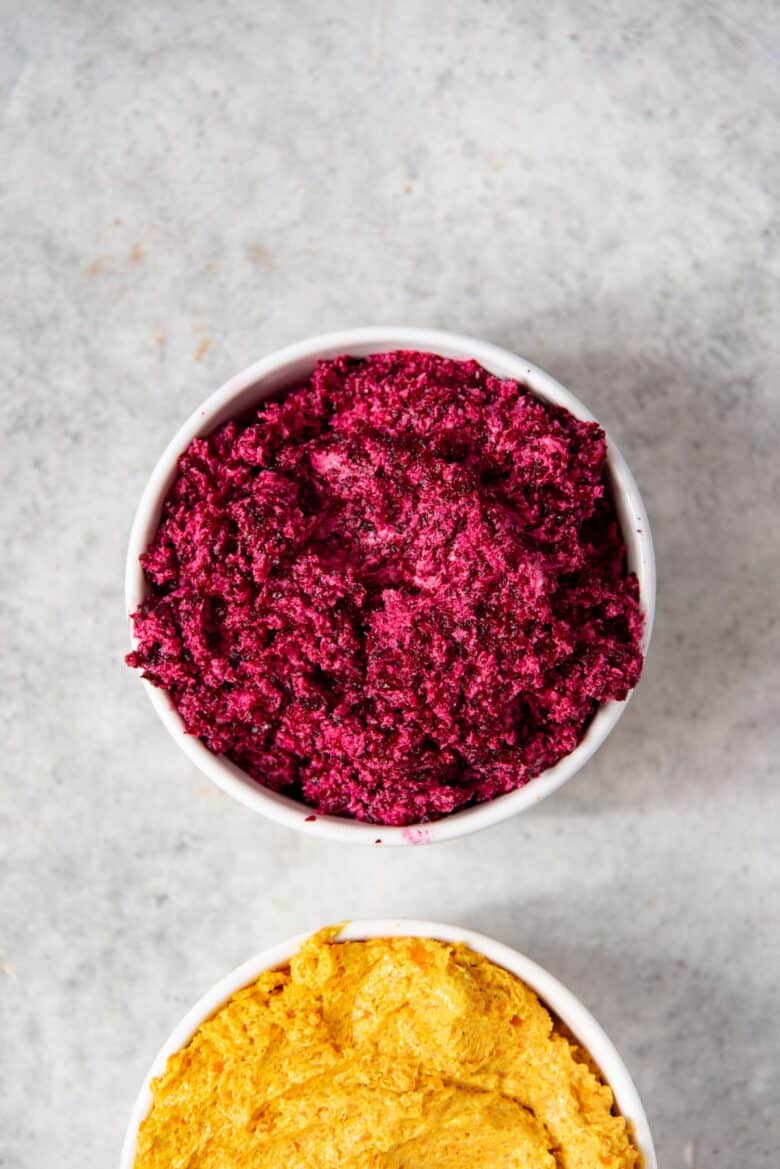 Close up of the red / purple colored beetroot butter.