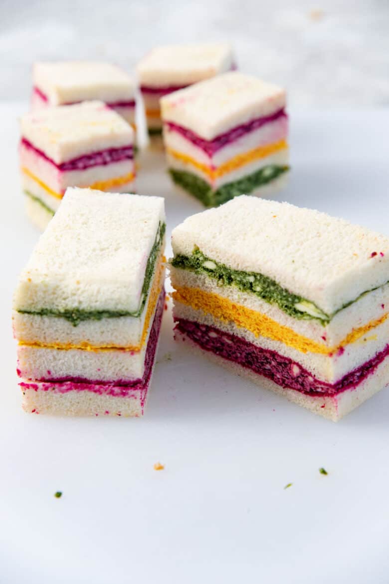 A view of the rainbow sandwich cut in half.
