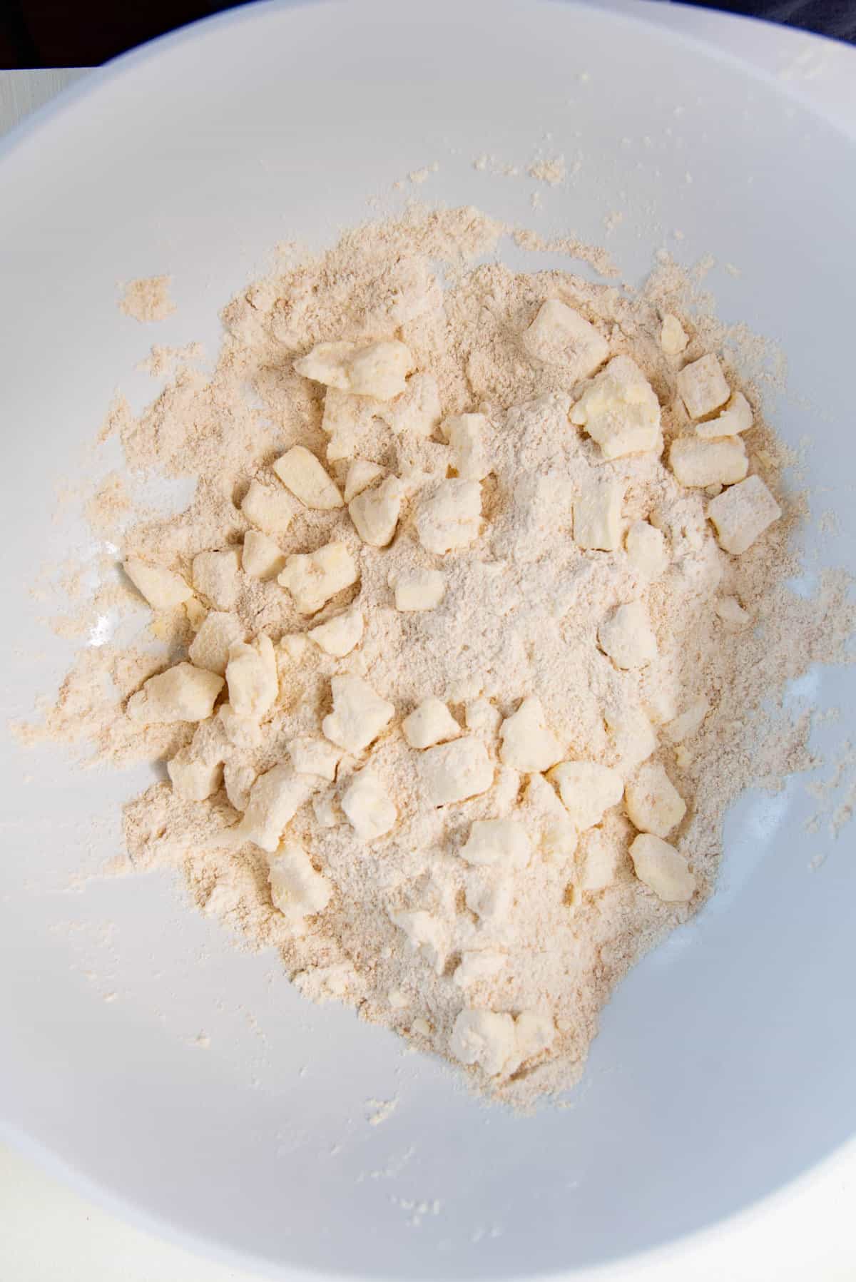 The butter cut into the flour mixture, with large and small lumps of butter in the flour mix.