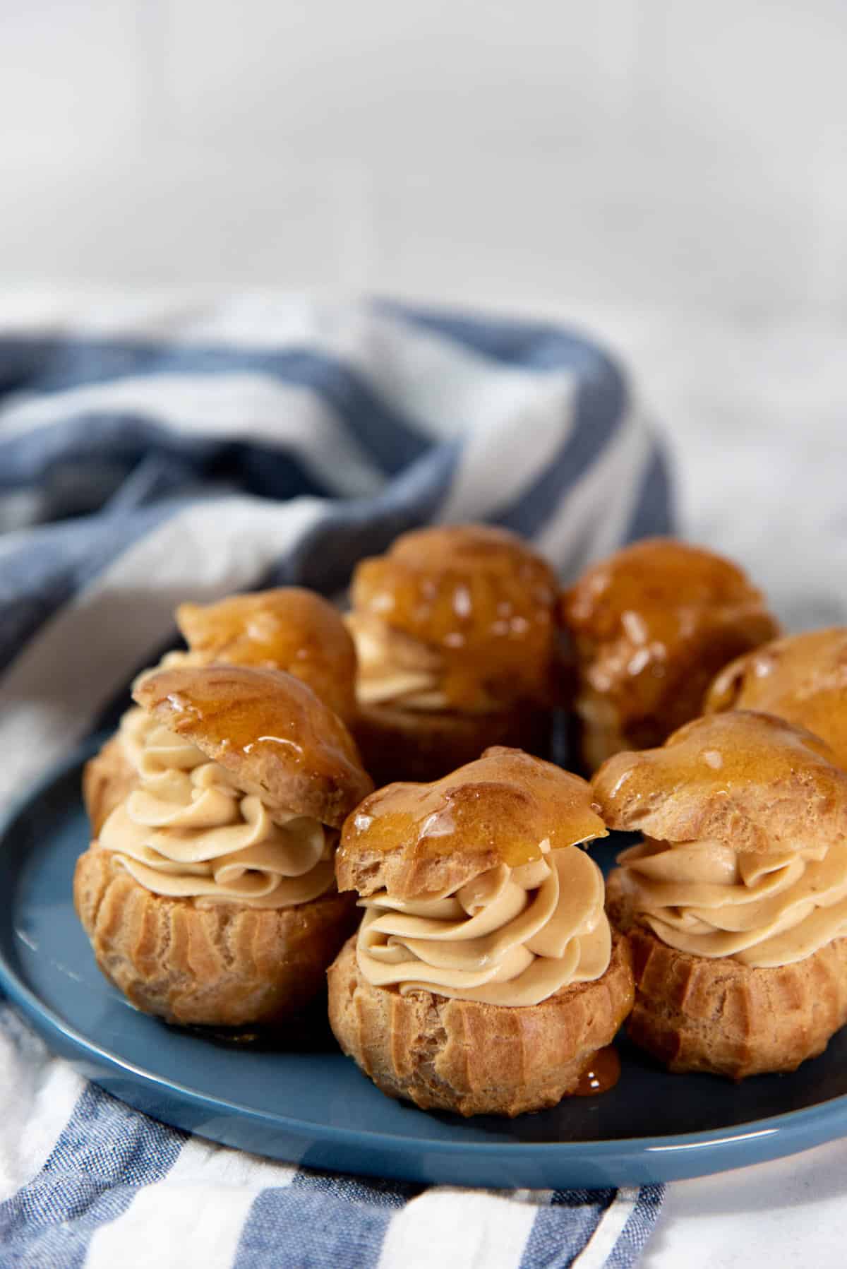 A Paris Brest variation made with profiteroles that are stuck together with caramel.