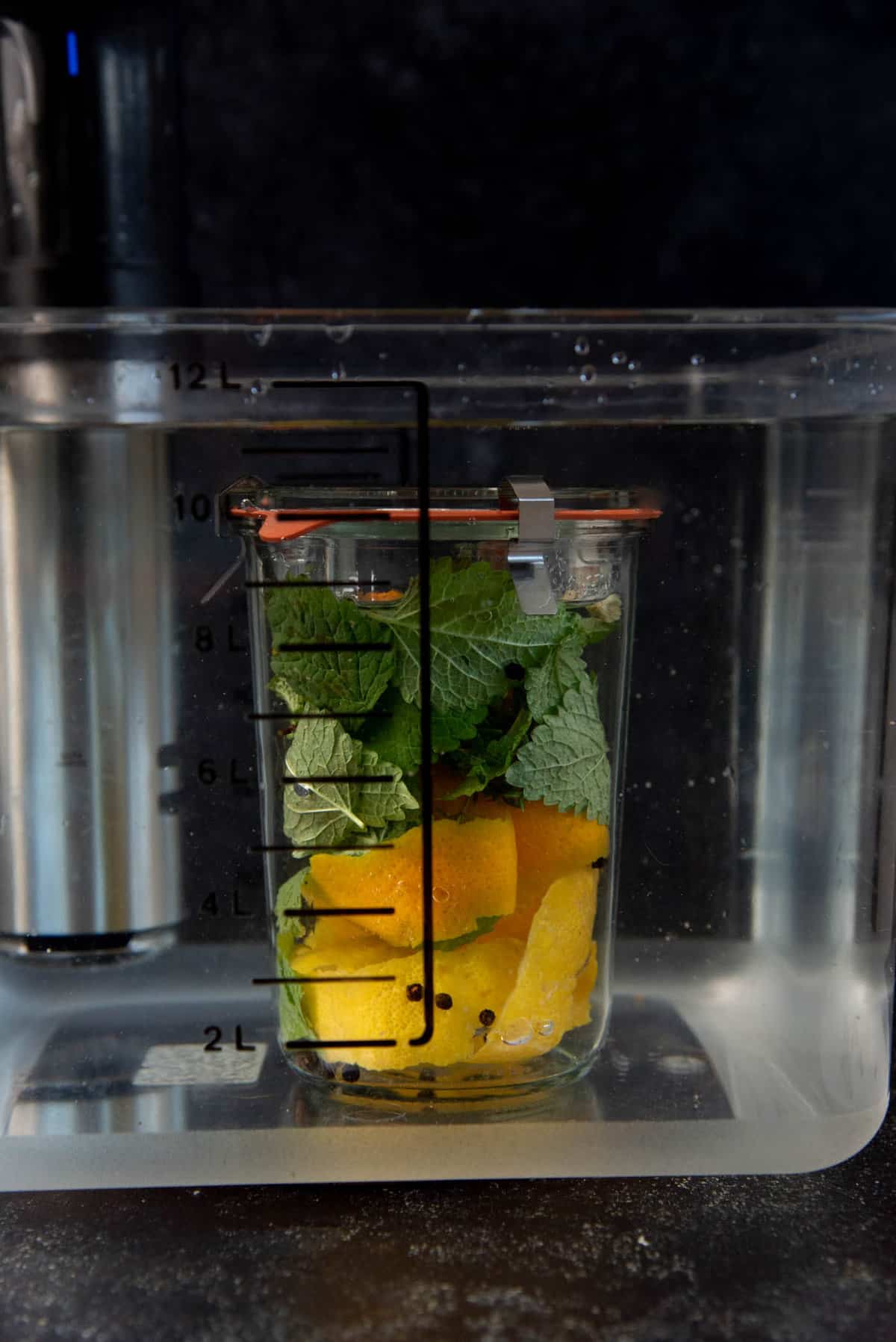 Gin, spices and herbs in a tall weck jar, sealed and inside a sous vide water container to infuse.