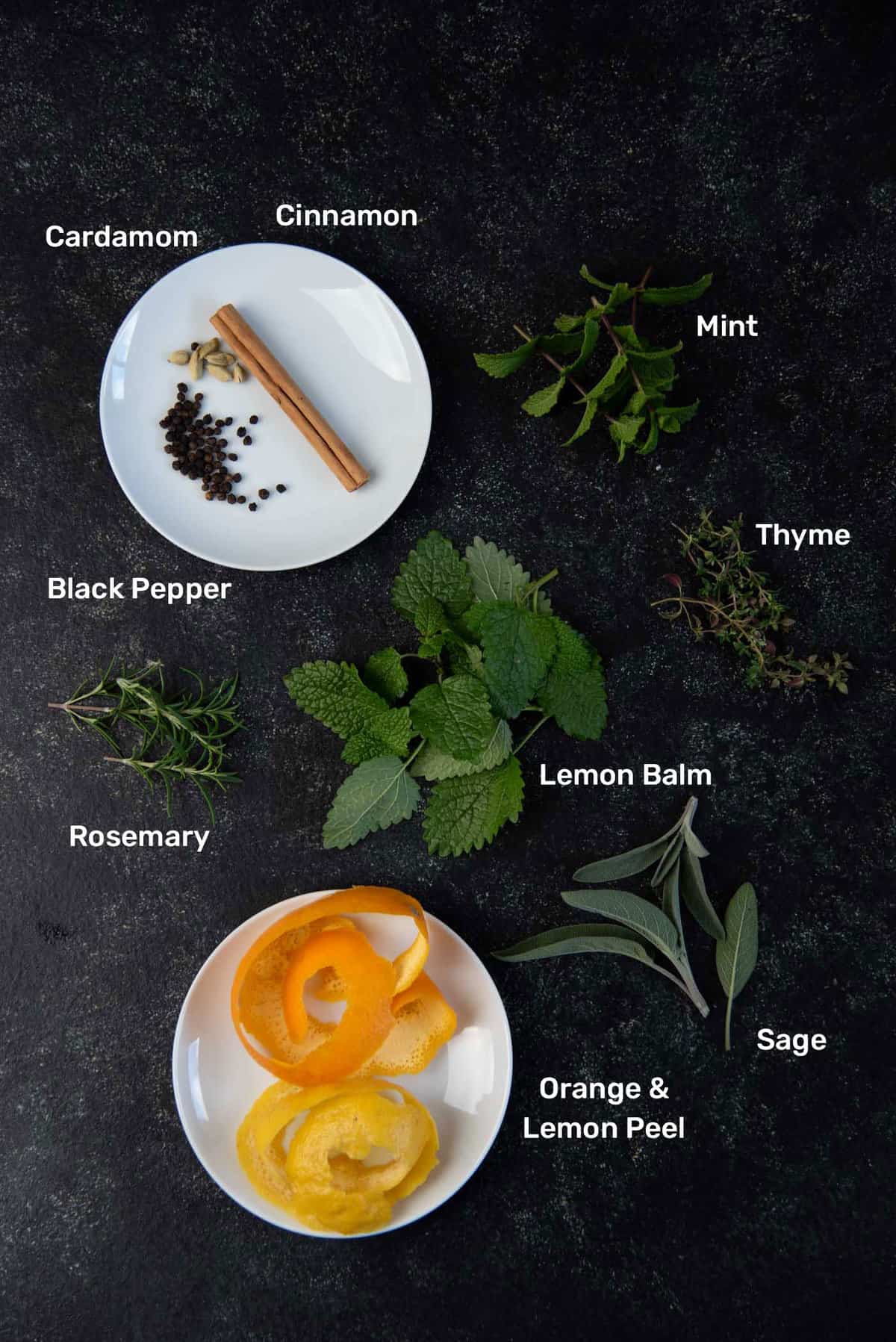 Spices and herbs used to make infused gin as a quick replacement for chartreuse.