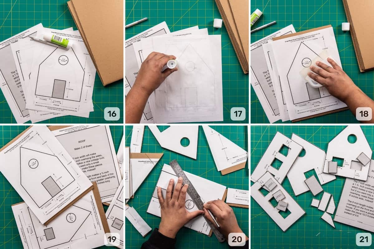 6 image collage to show how to prepare the gingerbread house template, using the printouts and cardboard.