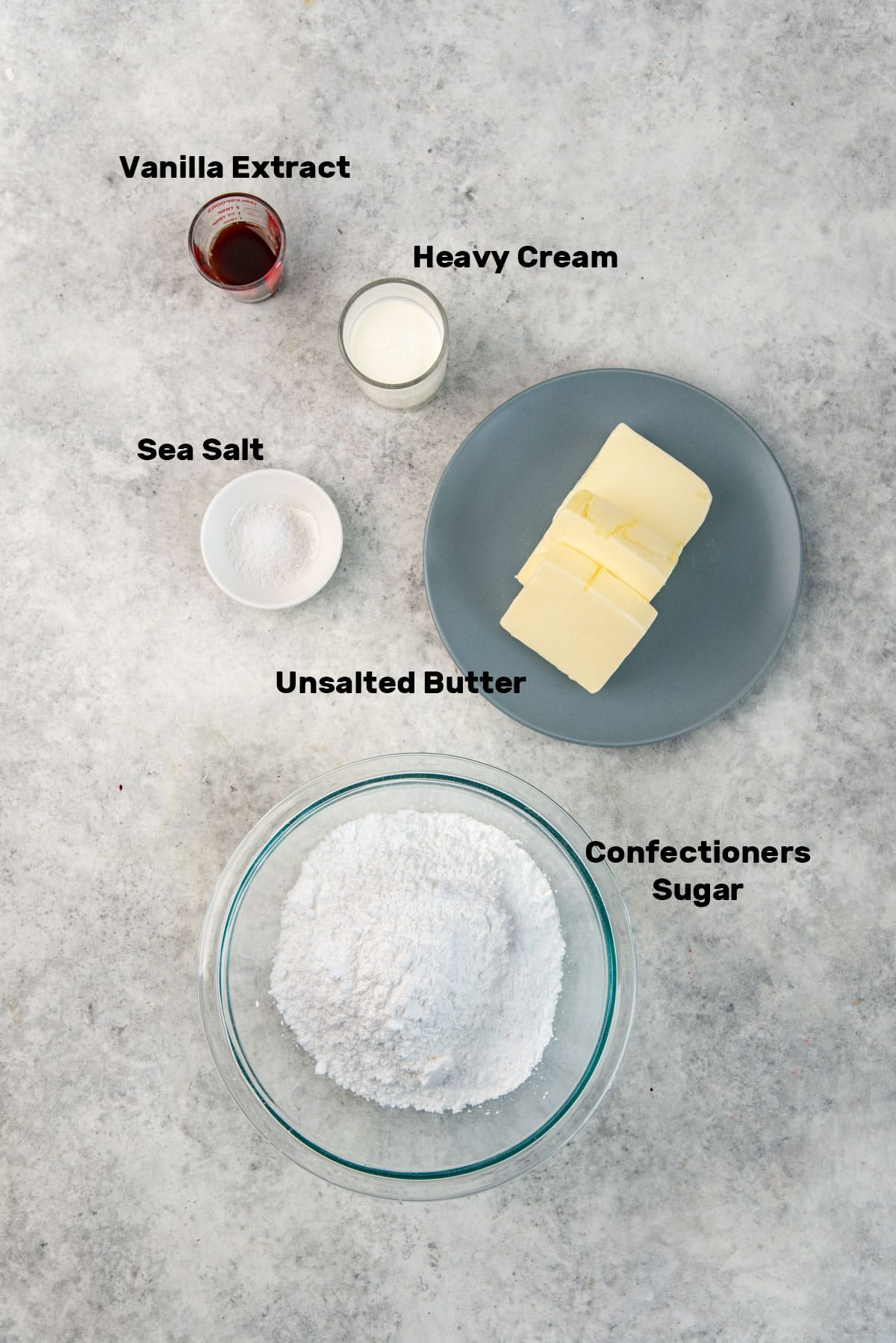 Overhead image of labeled ingredients needed to make vanilla flavored American buttercream frosting.