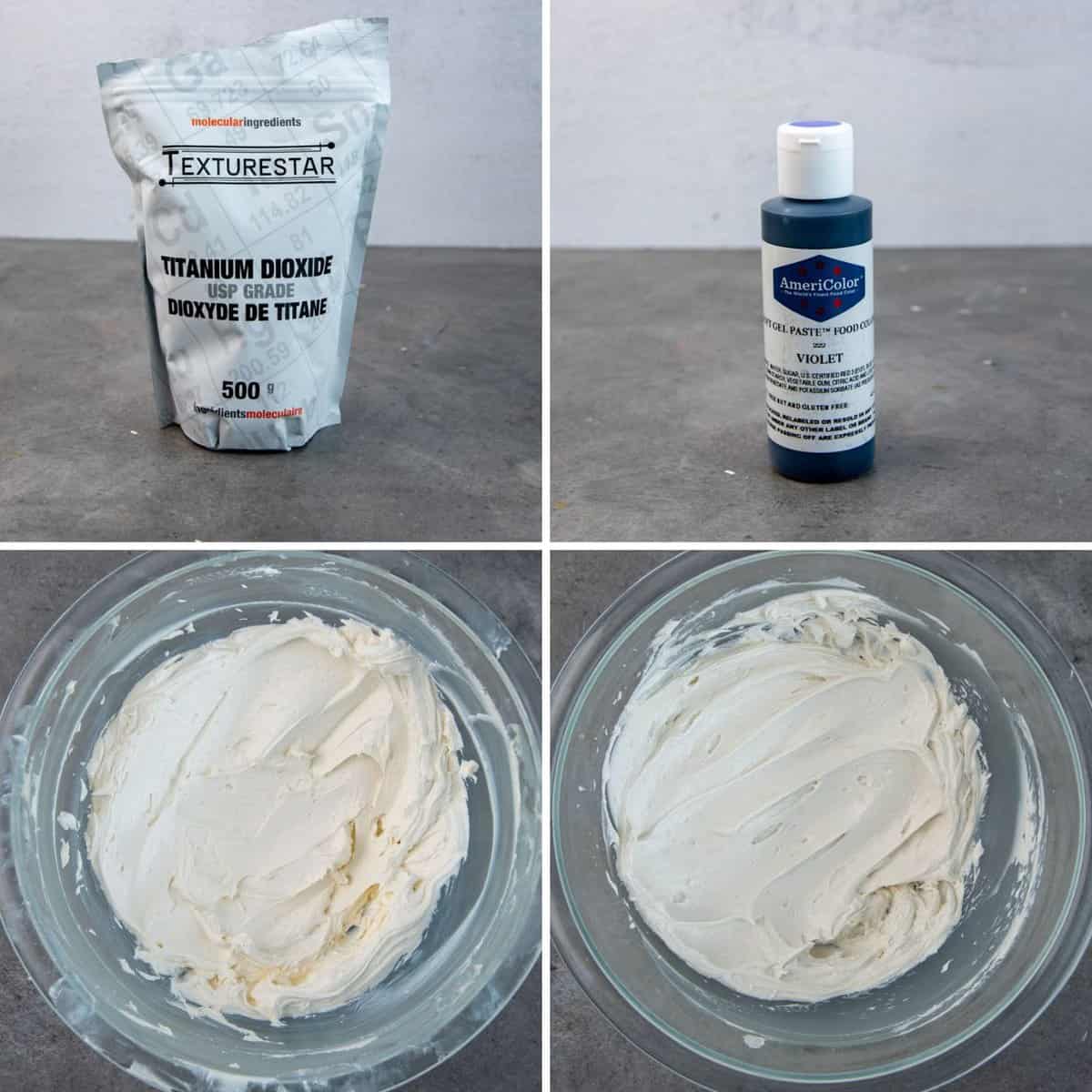 Ingredients that can be used to whiten Vanilla buttercream frosting and results - Titanium dioxide and Violet gel food color.