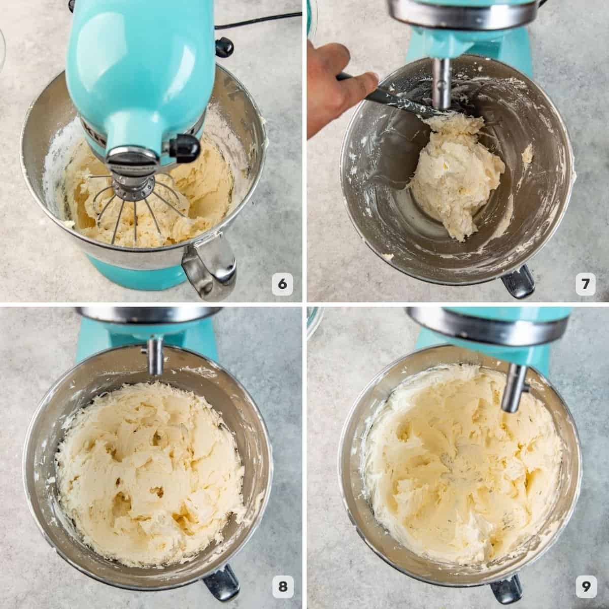 Step by step images showing how to mix in confectioners sugar to get creamy vanilla frosting.