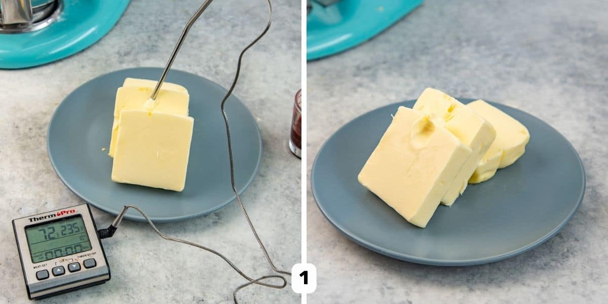 Images showing how to check if the butter is at the right consistency to make buttercream.