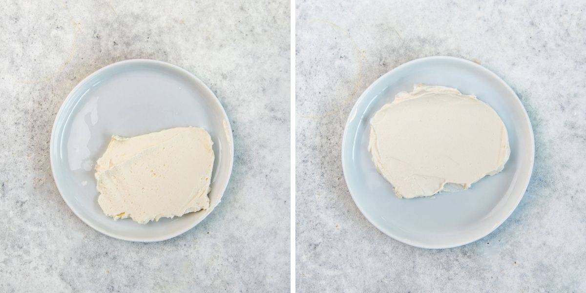 Two images of smeared buttercream frosting, comparing the bubbles and how to remove bubbles from buttercream frosting.