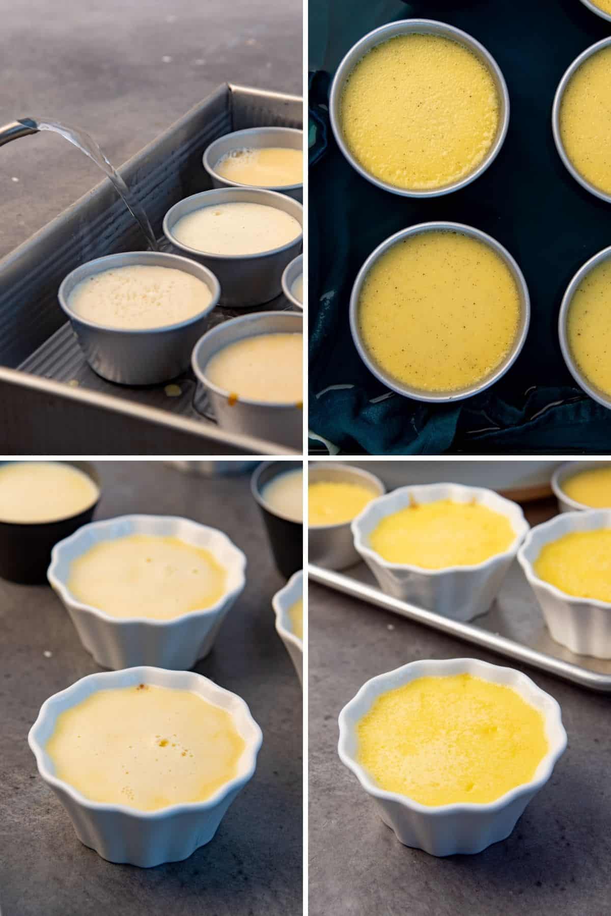 Image collage showing water being poured into water bath, and custard before and after baking.