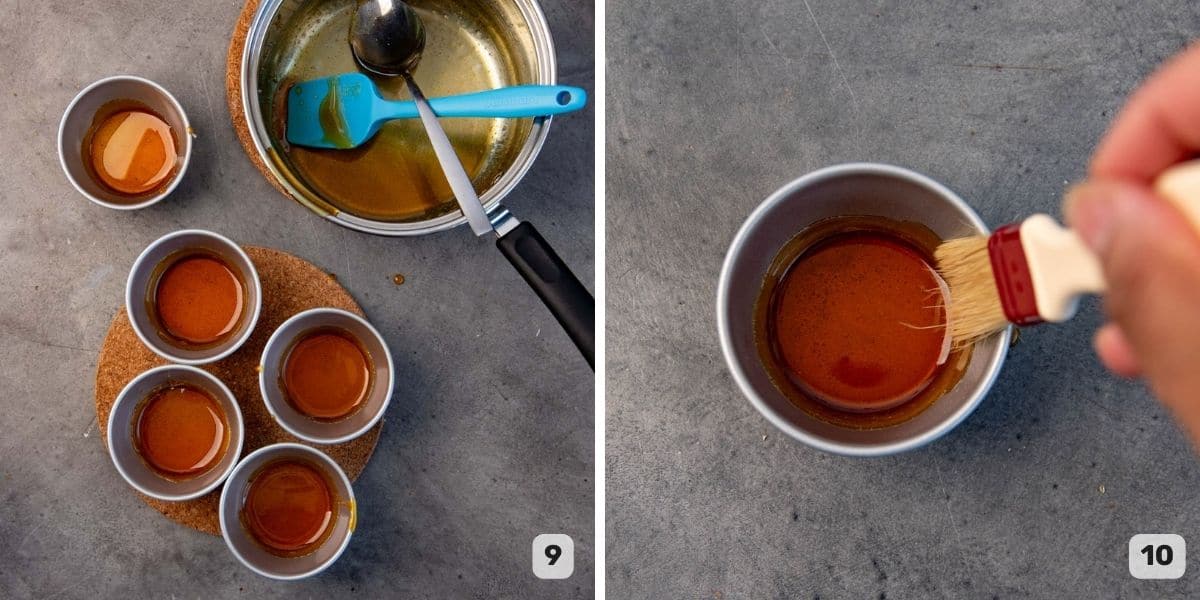 Pouring amber colored caramel into the baking dishes, and brushing the sides with butter.