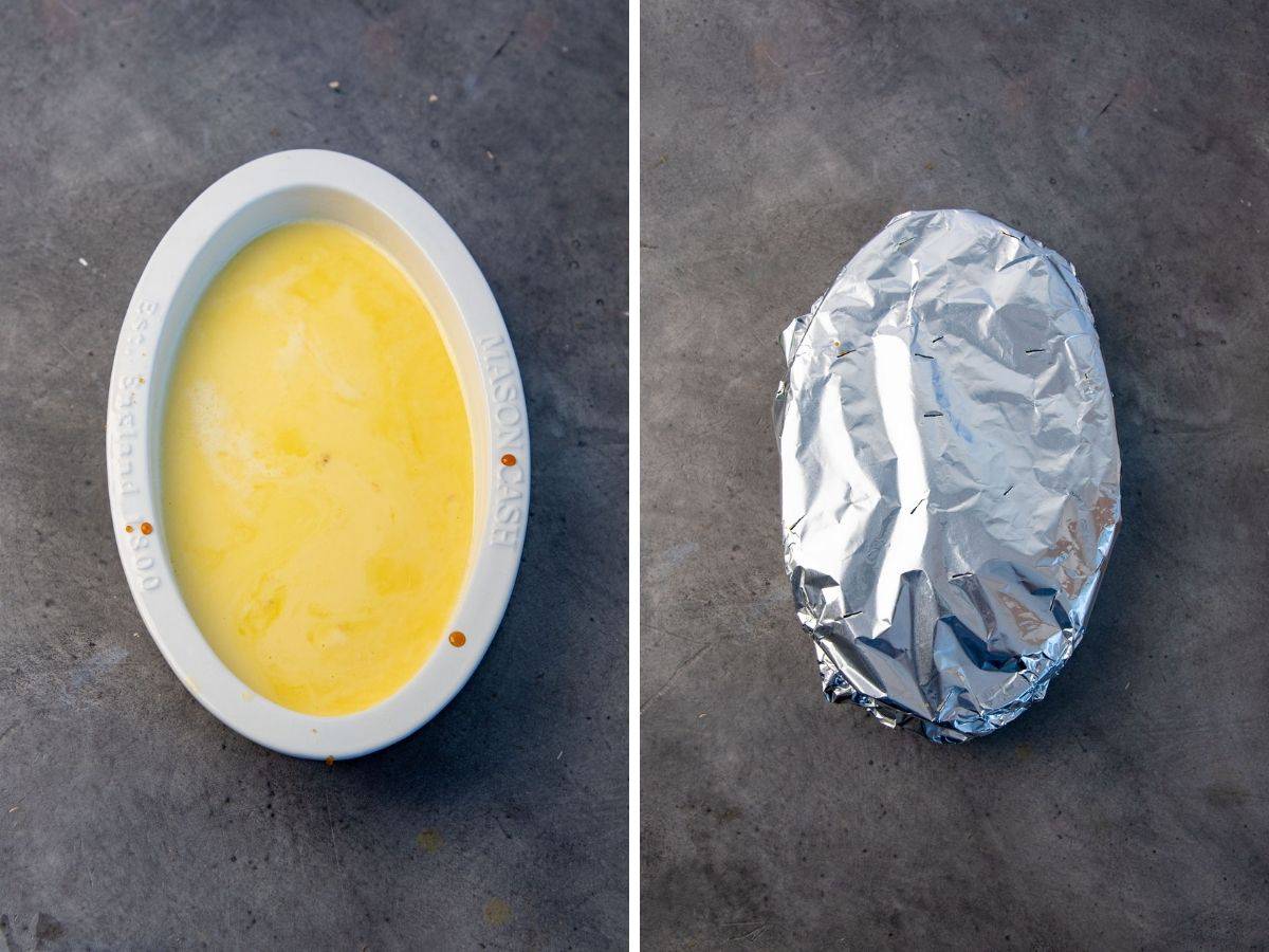 Covering the custard dish with foil, with holes.