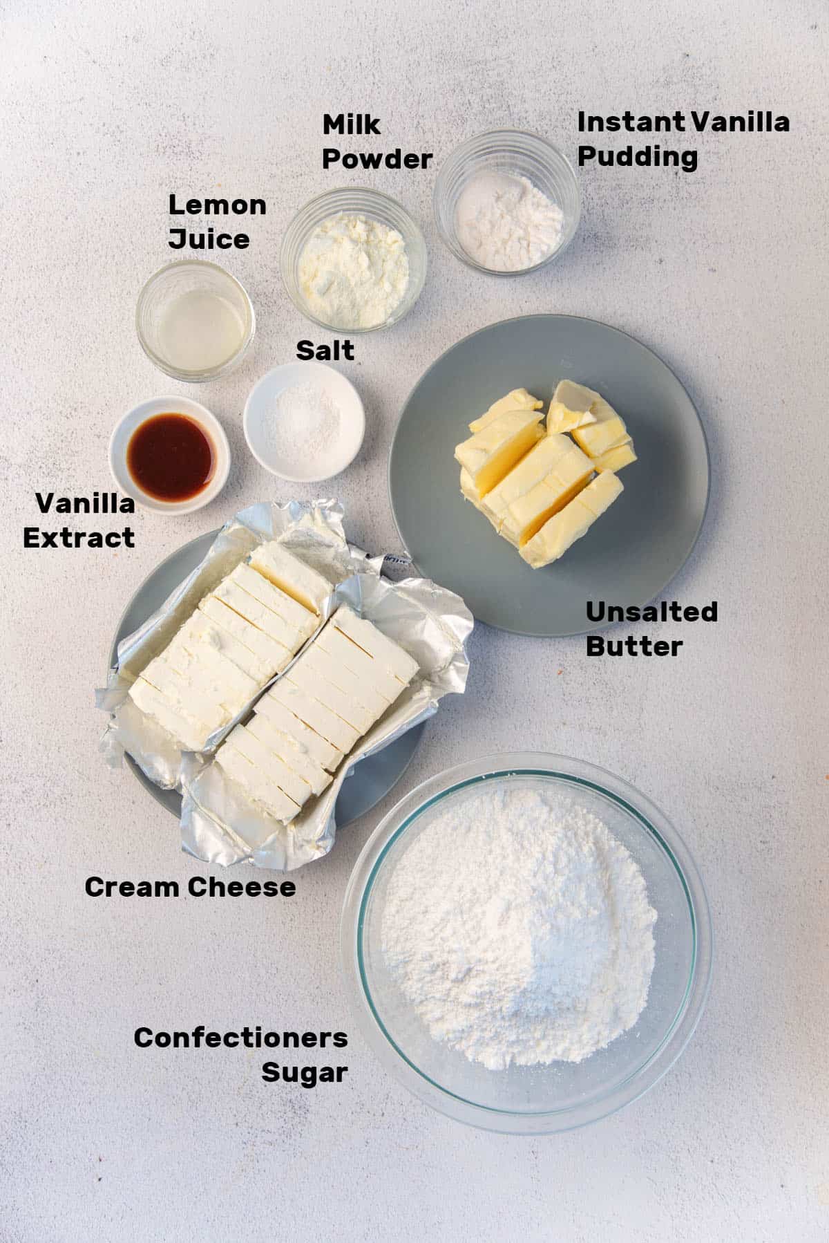 Overhead view of the ingredients needed to make perfect cream cheese frosting.