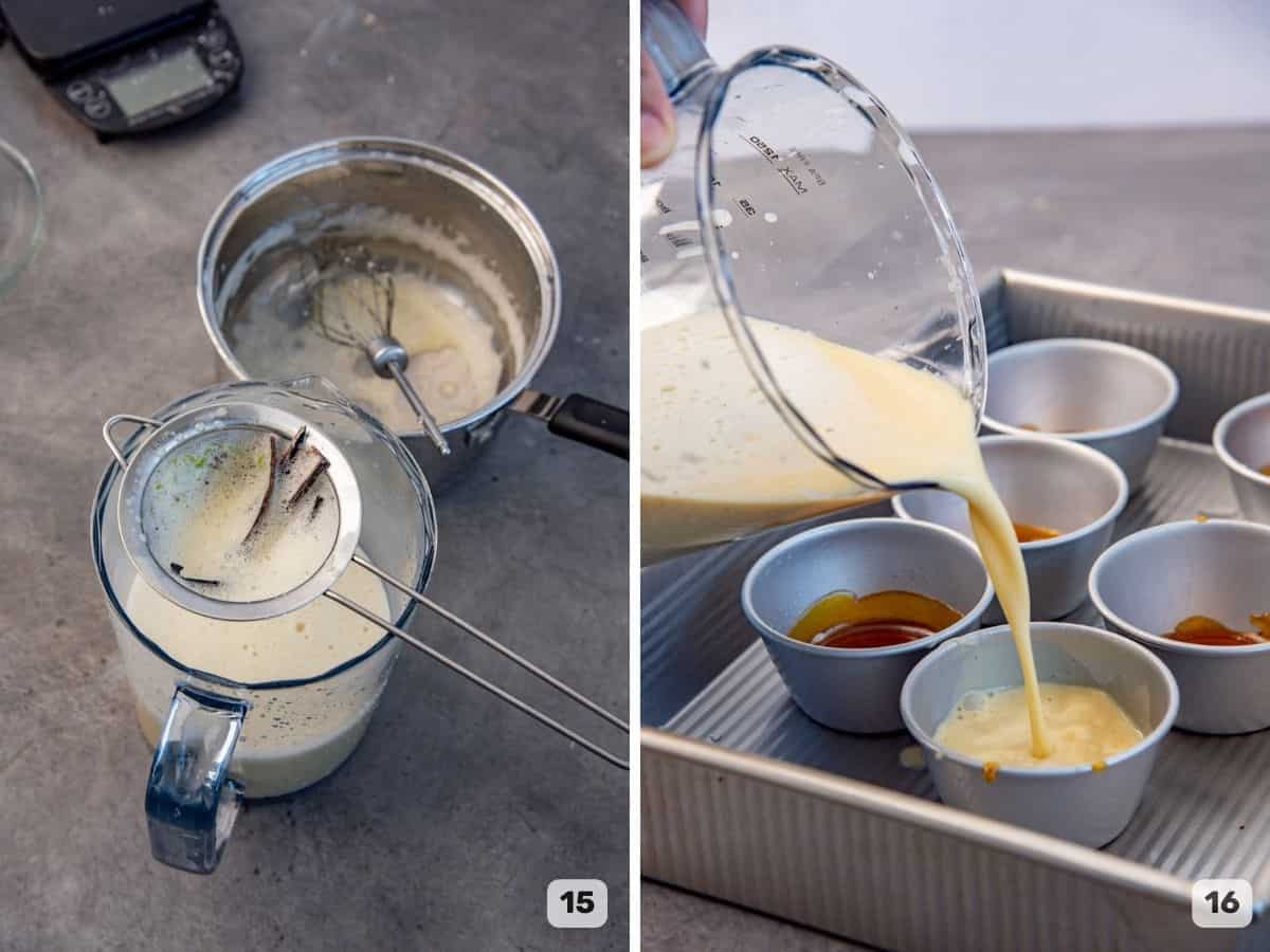 Collage of preparing the cream caramels for baking, from straining the custard to pouring into small dishes.