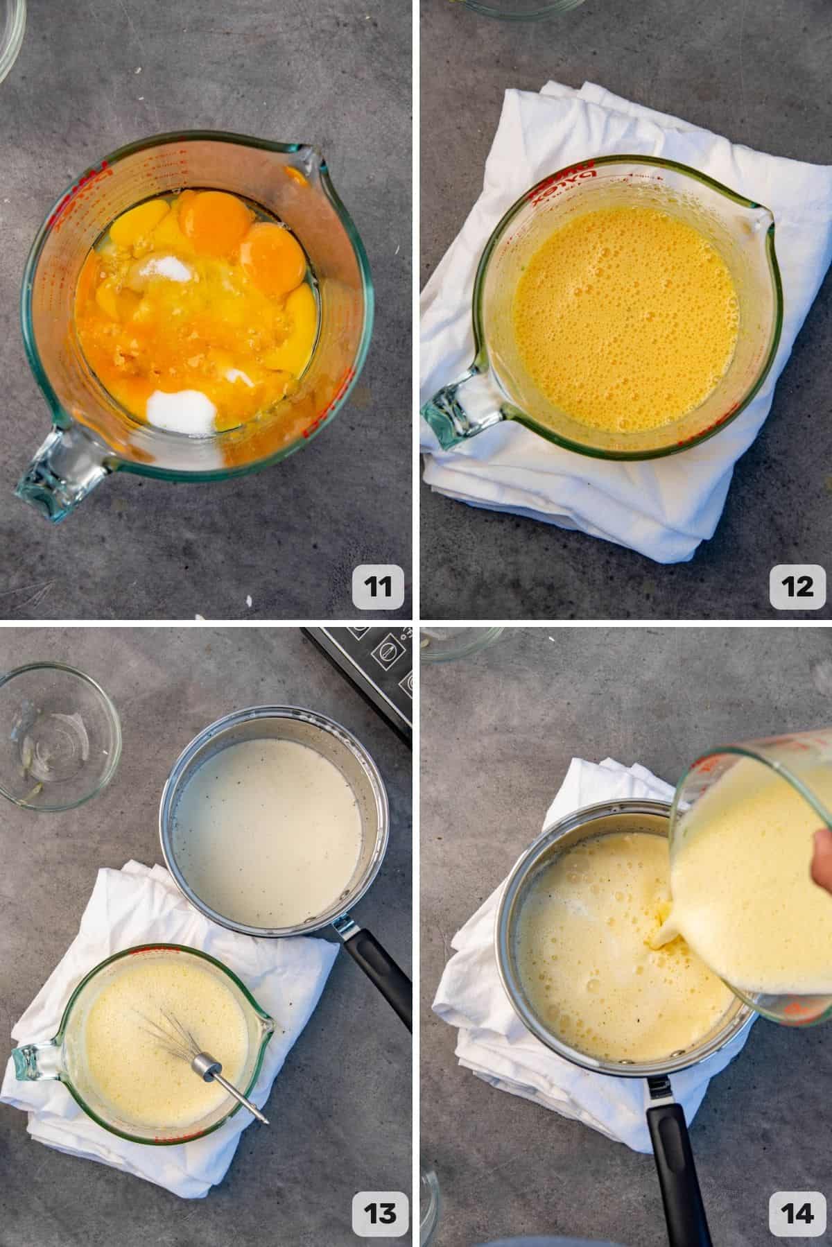 Collage of images, for step by step instructions to temper the eggs to make custard base.