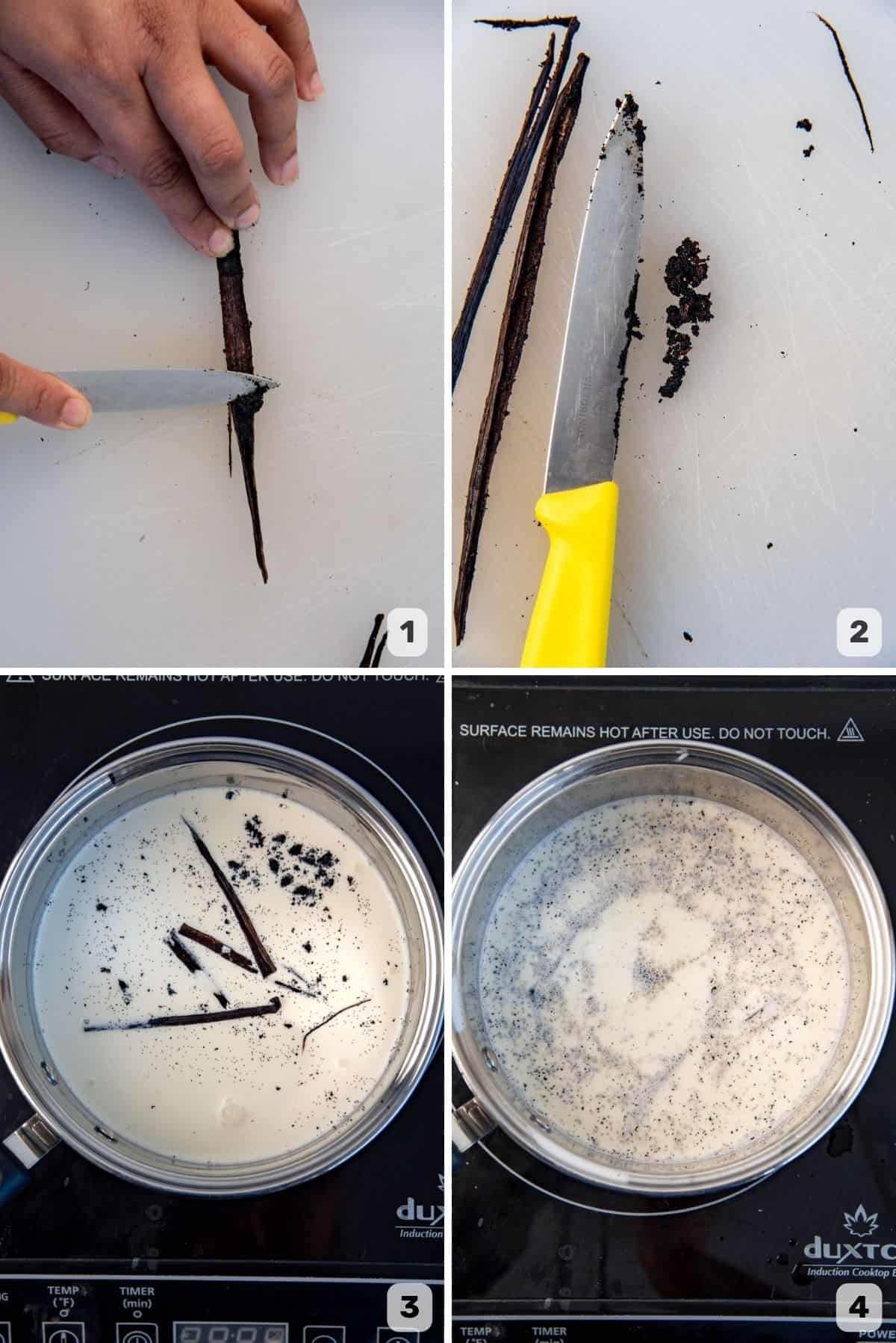 A collage of split and scraped vanilla beans infusing milk.