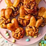 Overhead image of Easter bunny buns showing big floppy bunny ears and sweet chocolate filling in the bread rolls.
