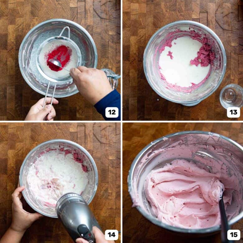 Adding freeze dried strawberry powder into a mixer bowl with heavy cream and whipping it.
