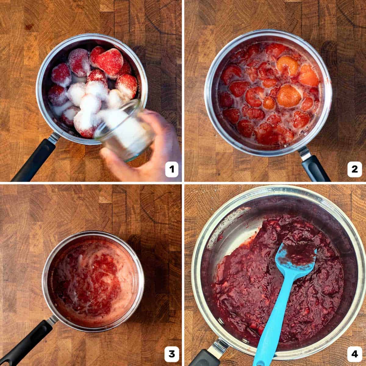 Cooking fresh strawberries with sugar to make a strawberry puree in a small pot.