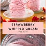 Two cups filled with fluffy pink strawberry whipped cream, and below, another metal bowl with more whipped cream.