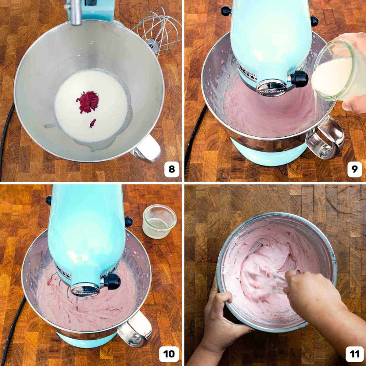Adding fresh strawberry into a mixer bowl with heavy cream and whipping it to make strawberry whipped cream.