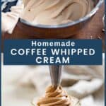 Fluffy coffee whipped cream in a metal bowl and being piped into a small glass jar.