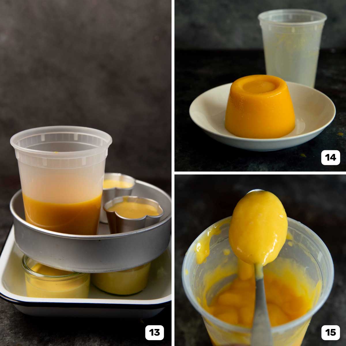Image panel showing set mango jello and then blending it to make a fluid mango gel.