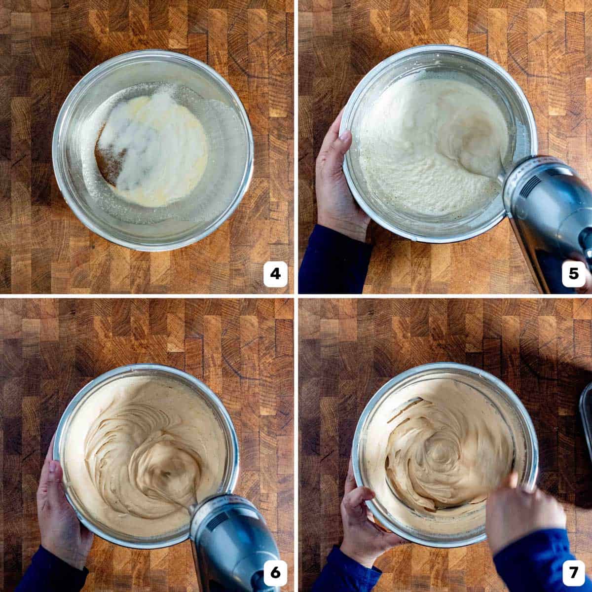 Mixer bowl with coffee whipped cream ingredients and whipping it to make the whipped cream.