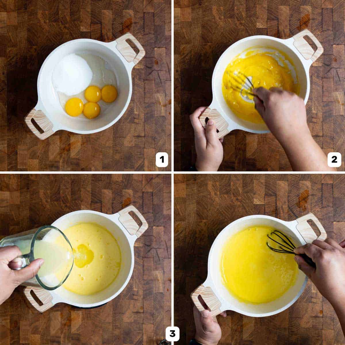 Mixing egg yolks and sugar well and then pouring lime juice into it and whisking it all well in a white pan.