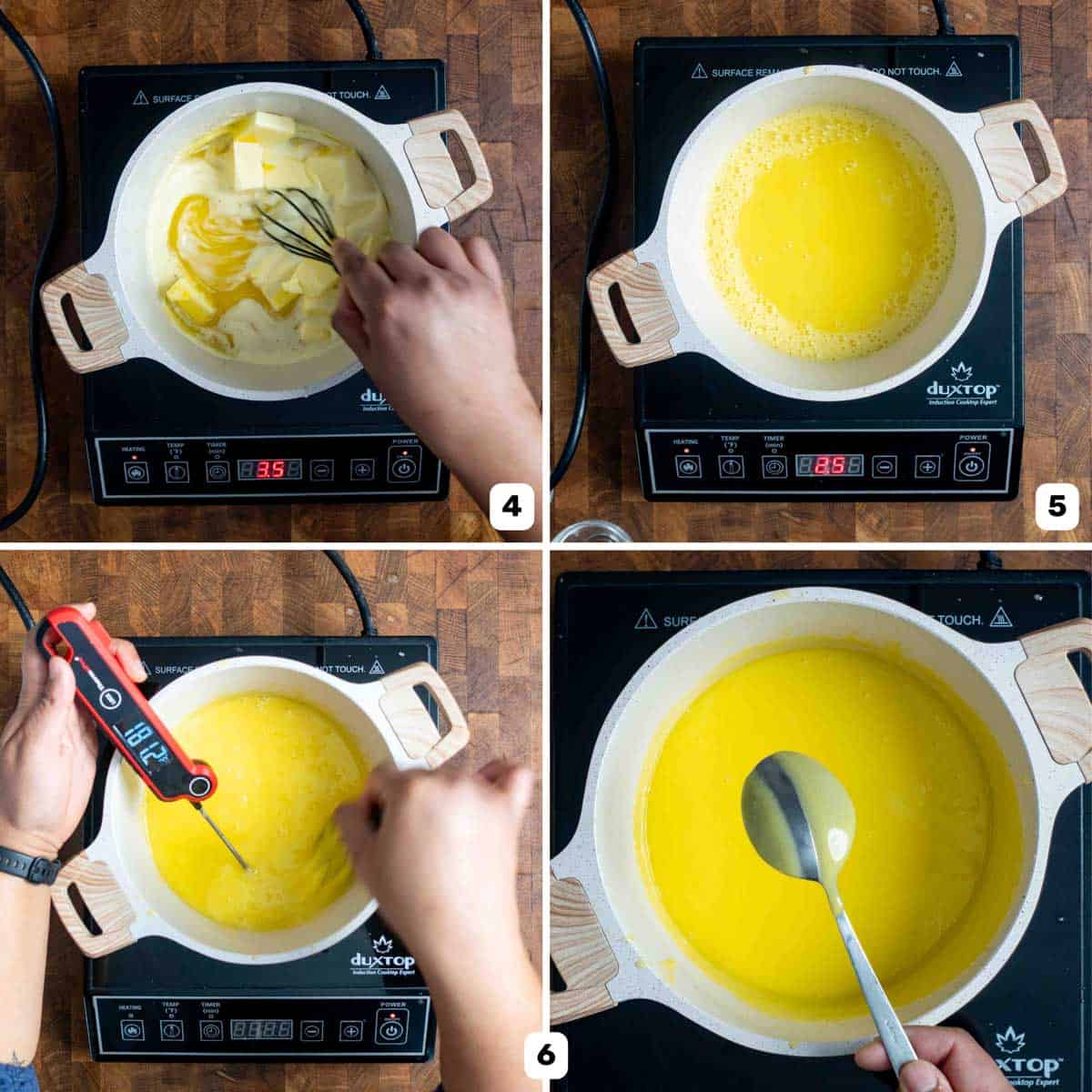 Melting the butter and cooking the lime curd on a stove top in a white saucepan.
