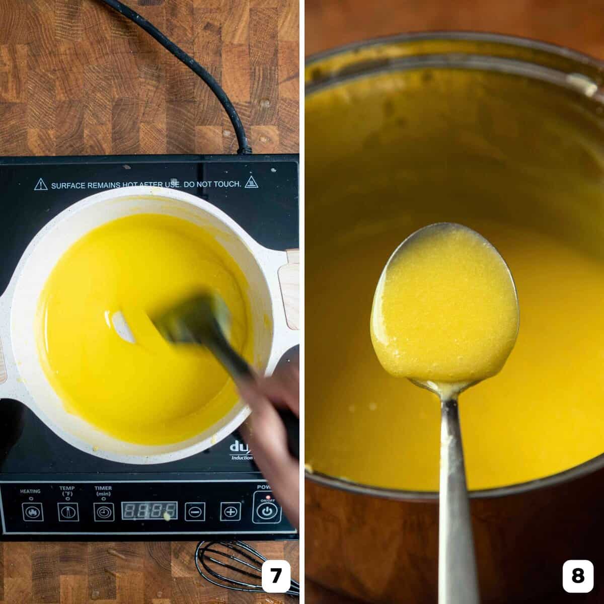 Cooking the lime curd on the stove and checking the consistency with a spoon.