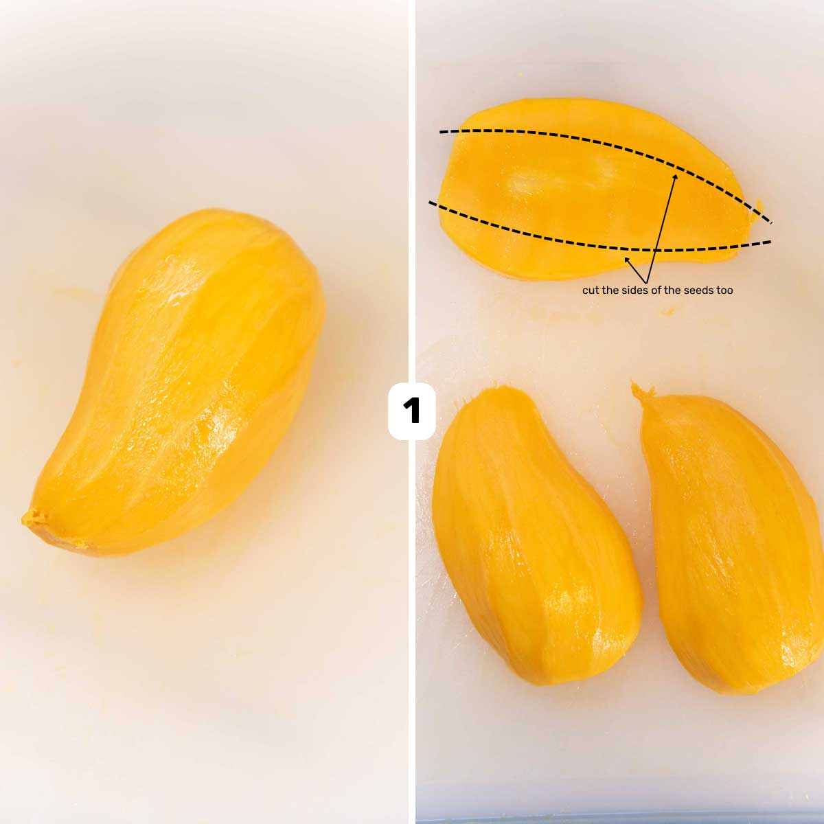 Split image showing a whole yellow mango on the left and two mango halves and seed on the right.