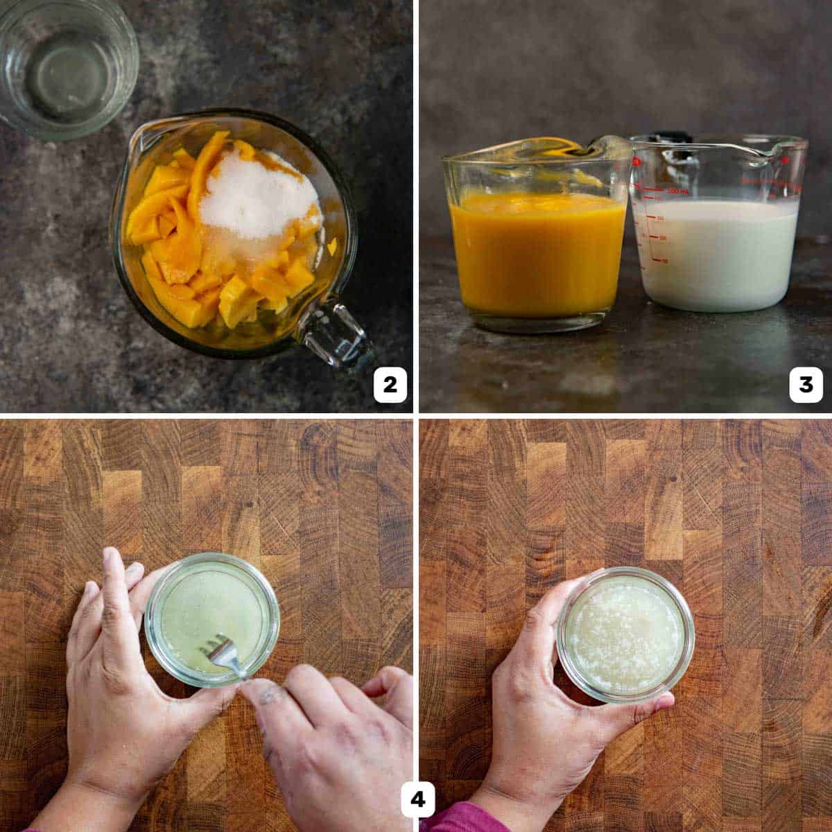 Image panel showing blending mango flesh to make mango pulp, and blooming gelatin in a small bowl below.