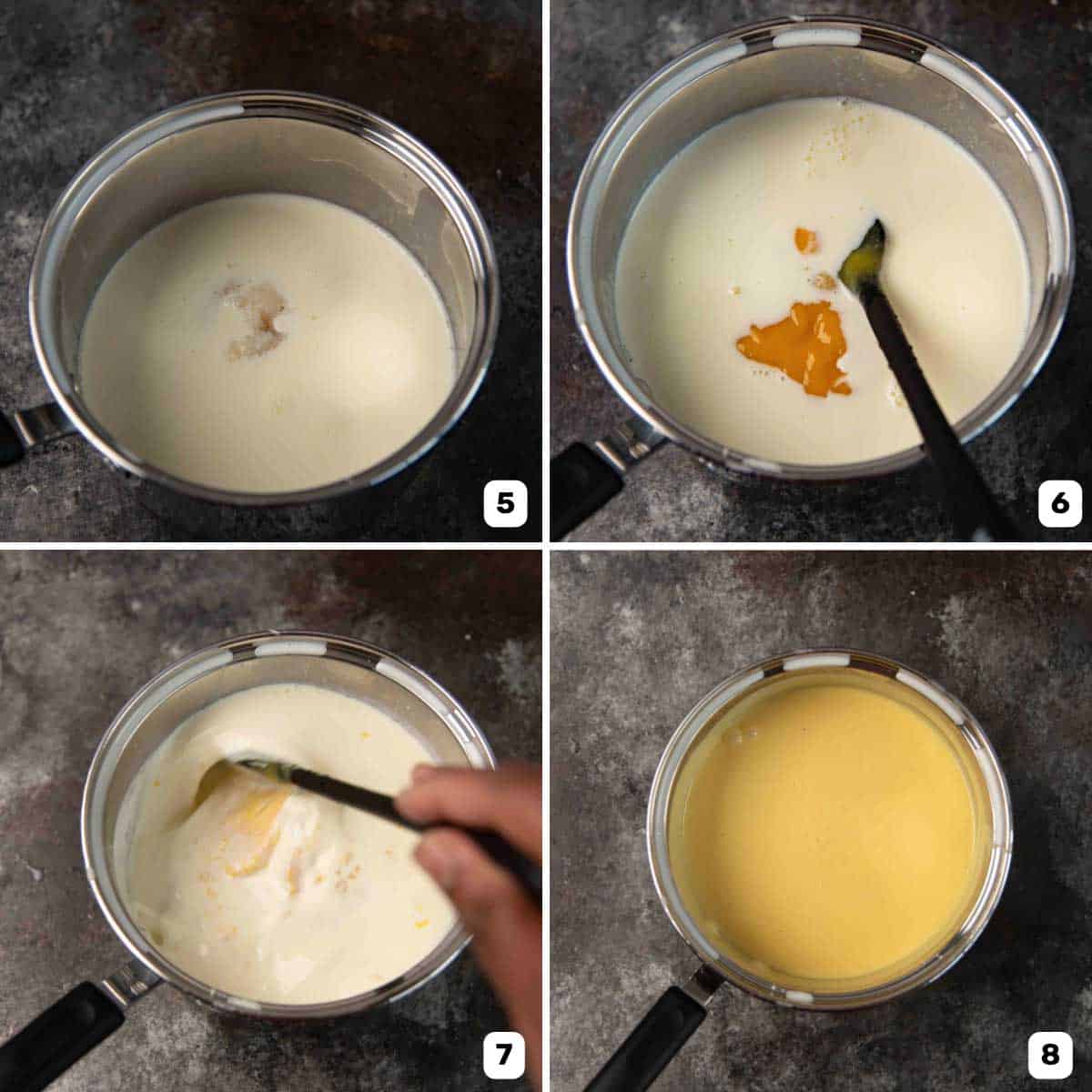 Image panel showing cooking the mango panna cotta base in a saucepan on a dark surface.