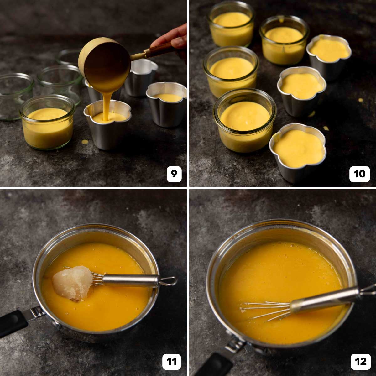 Image panel showing pouring mango panna cotta mixture into different molds and dishes to let it set.
