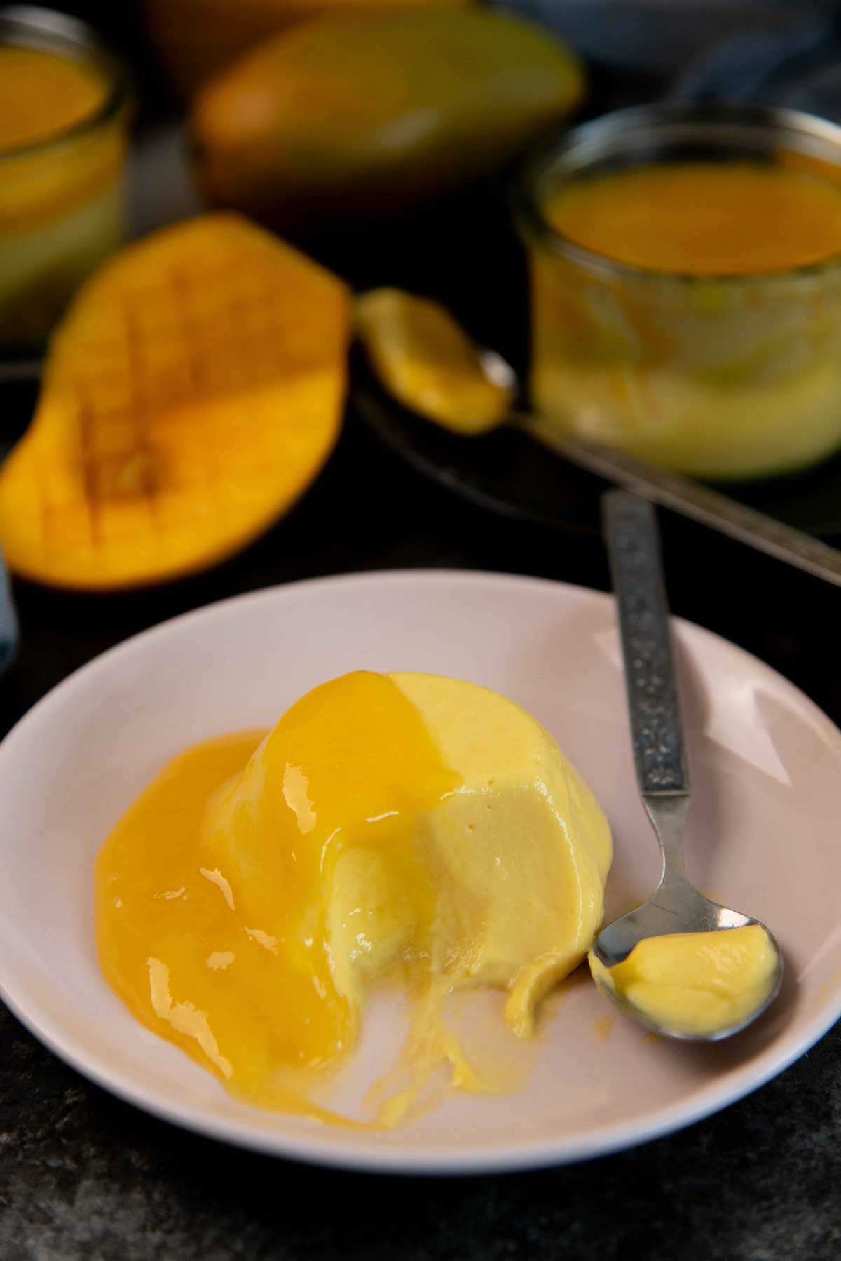A creamy mango panna cotta on a plate with a shiny mango gel topping, accompanied by diced mango.