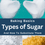 Different types of sugar including white sugar, pearl sugar and light brown sugar on different surfaces.
