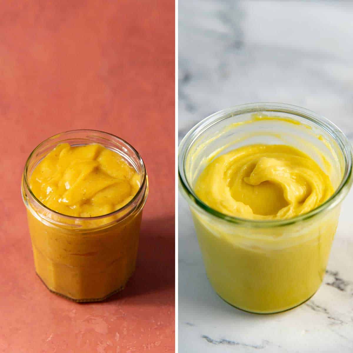Side by side pictures of lime curd in two glass jars with or without lime zest.