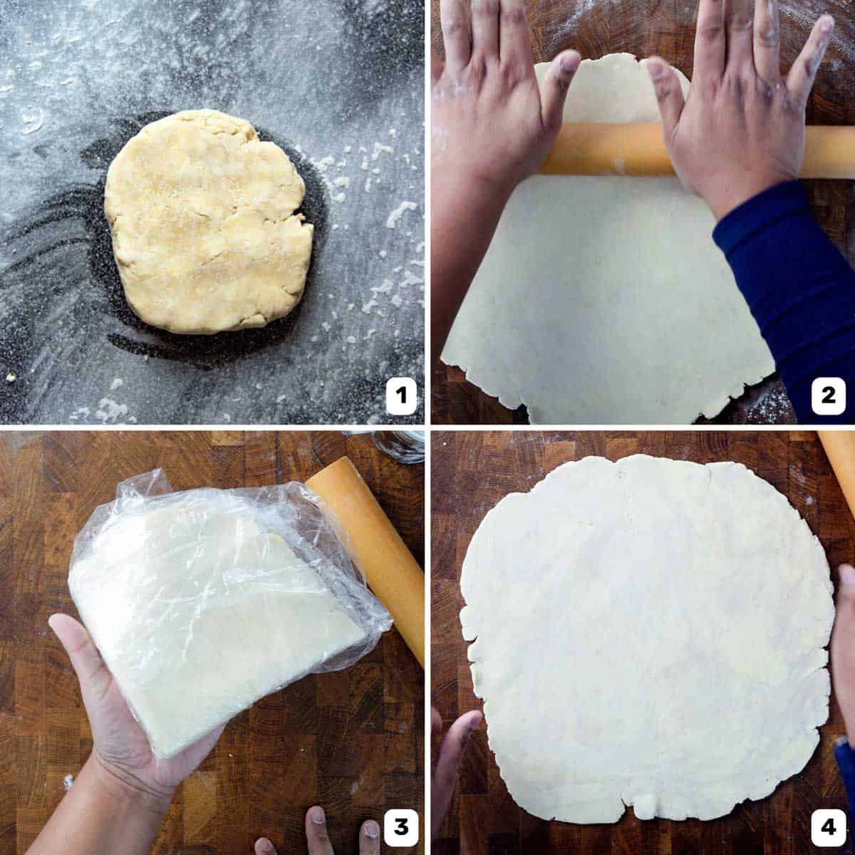 Four-panel collage showing pie crust preparation, including rolling out the crust on a floured surface and dough disc wrapped in plastic wrap.