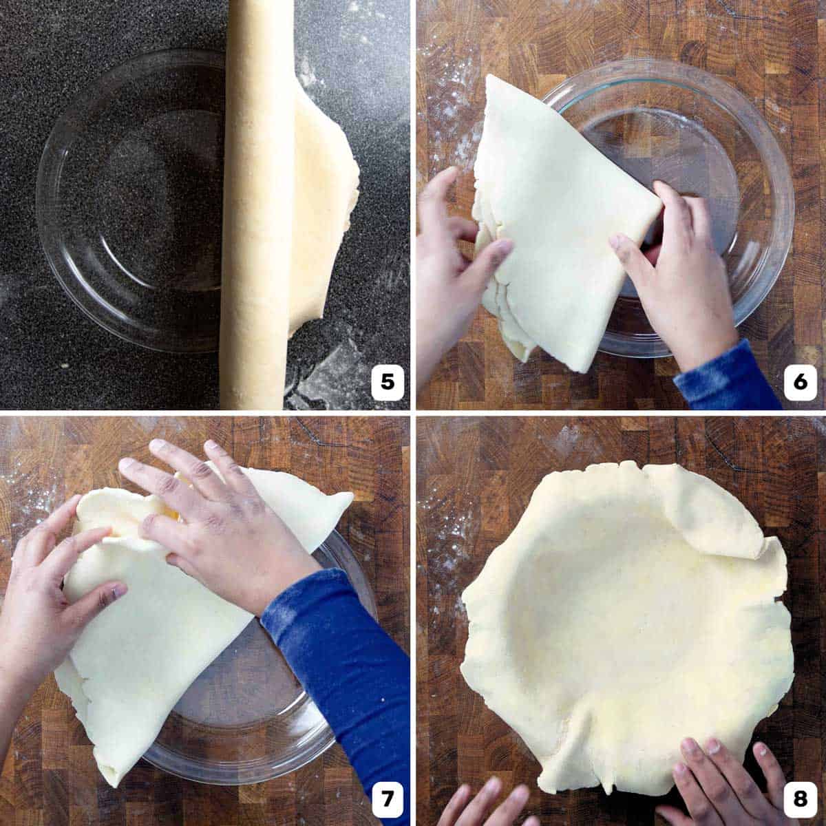 Four panel collage showing how to transfer the rolled out pie crust onto a glass pie dish on a wooden surface.