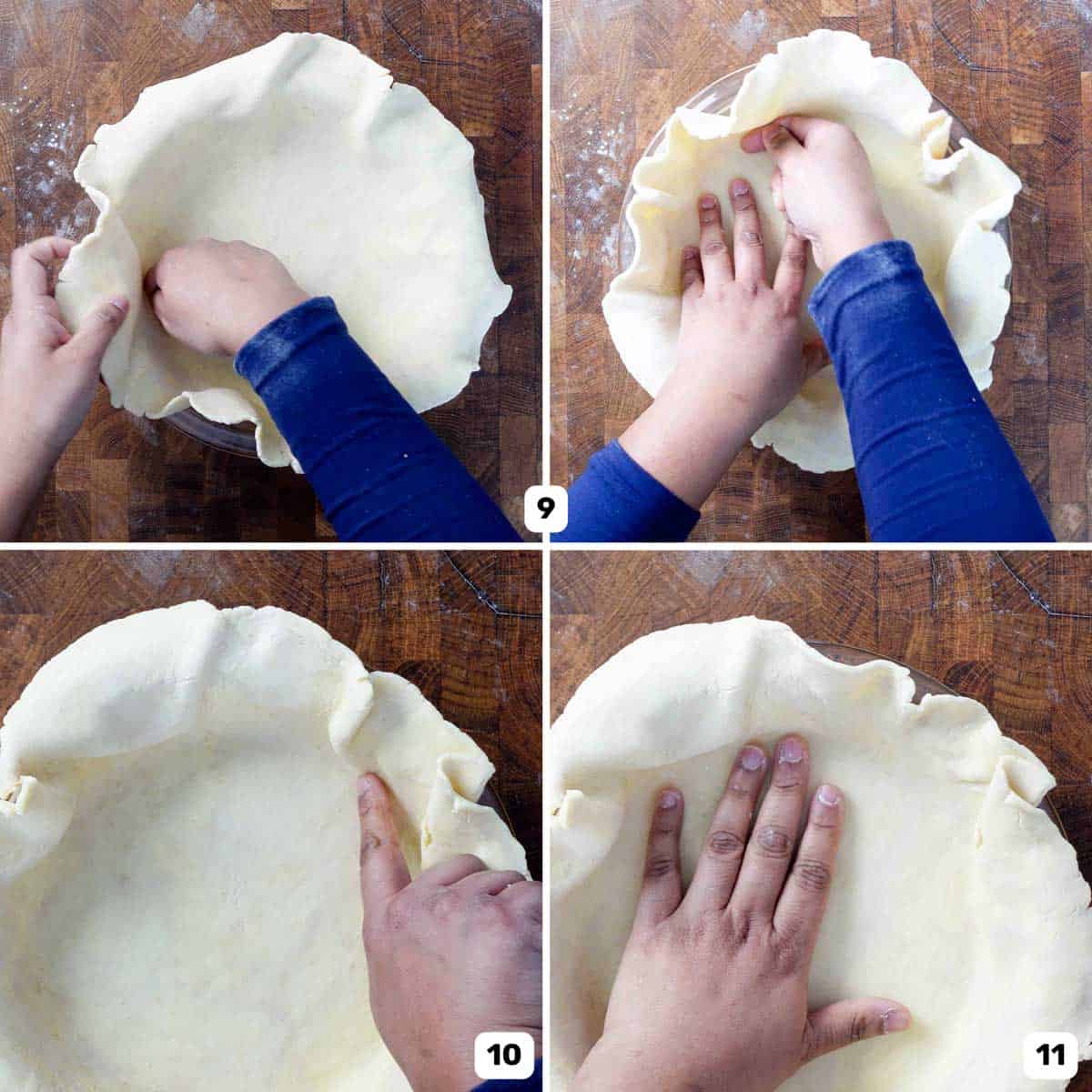 Four panel collage showing how to line the pie dish with the pie crust by gently pressing it into the edges of the dish.