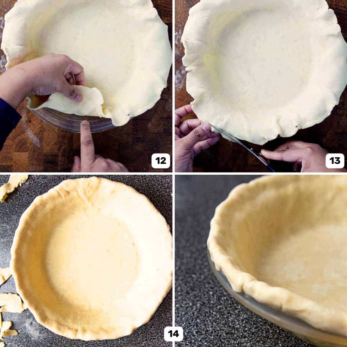 Four images showing how to form the pie crust edge and trim the crust overhang with a pair of scissors.