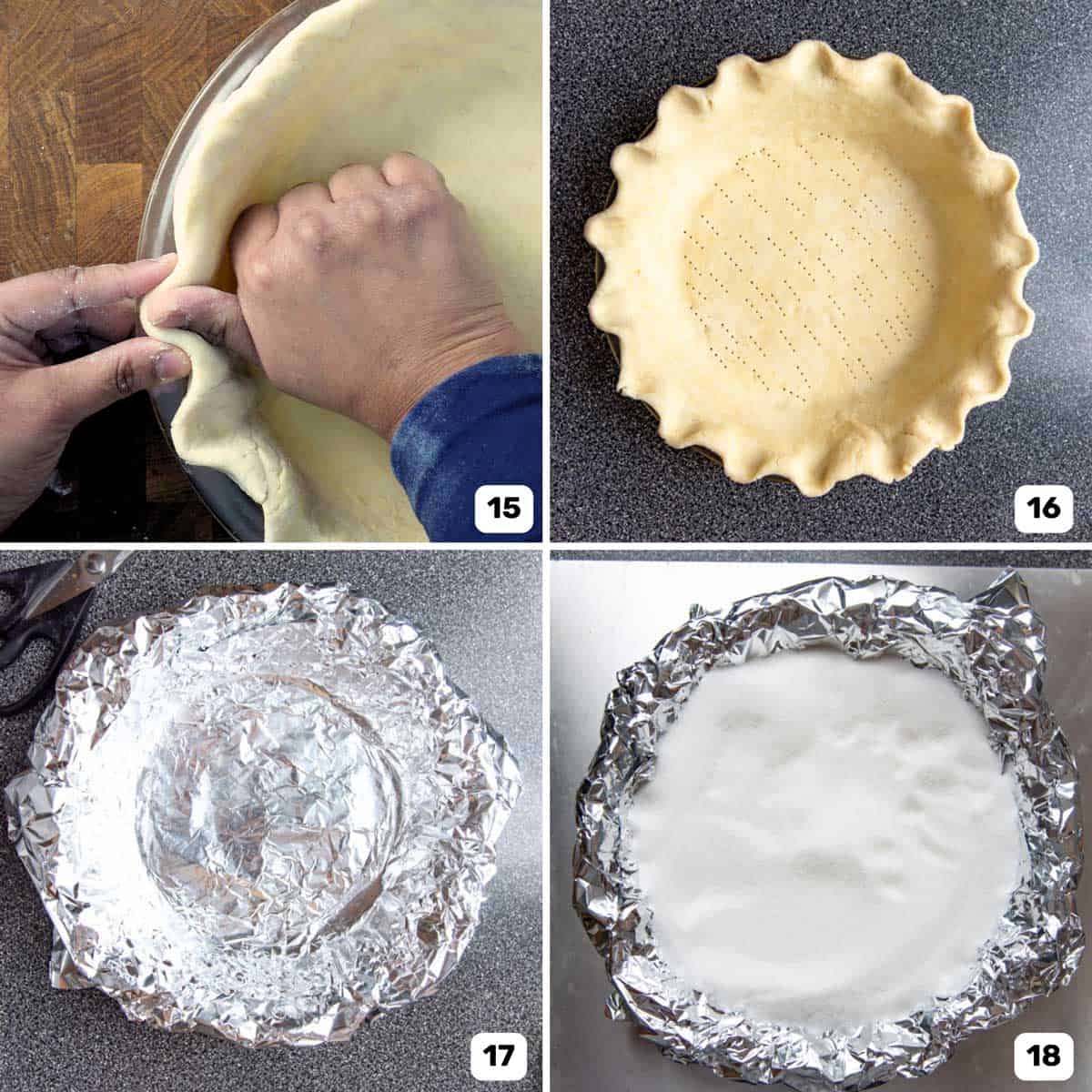 Four images showing how to crimp the pie crust edge and then line the crust with foil and add sugar as pie weight.