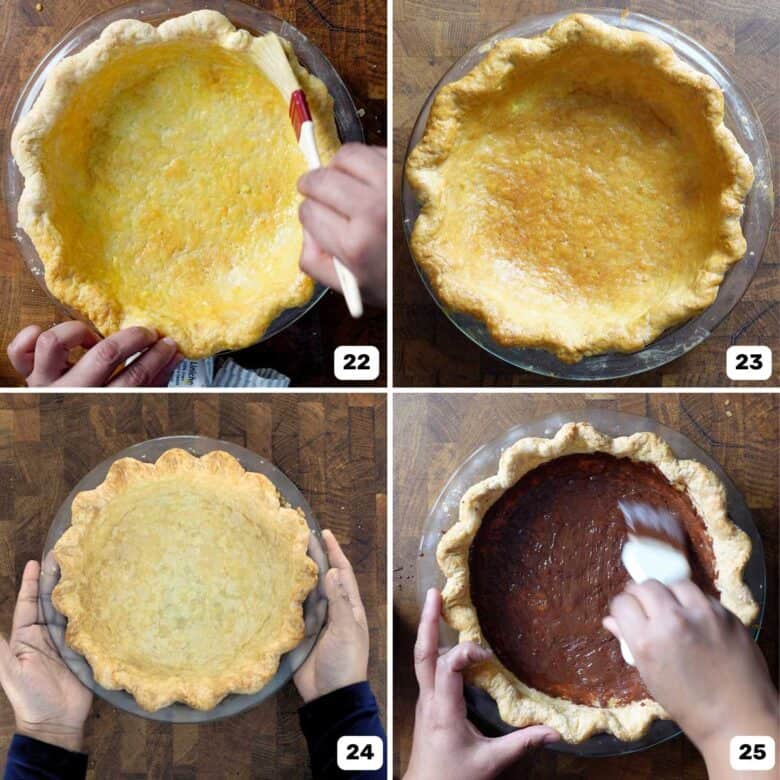Different ways of sealing the pie crust including brushing it with egg wash, egg white wash and melted cocoa butter.