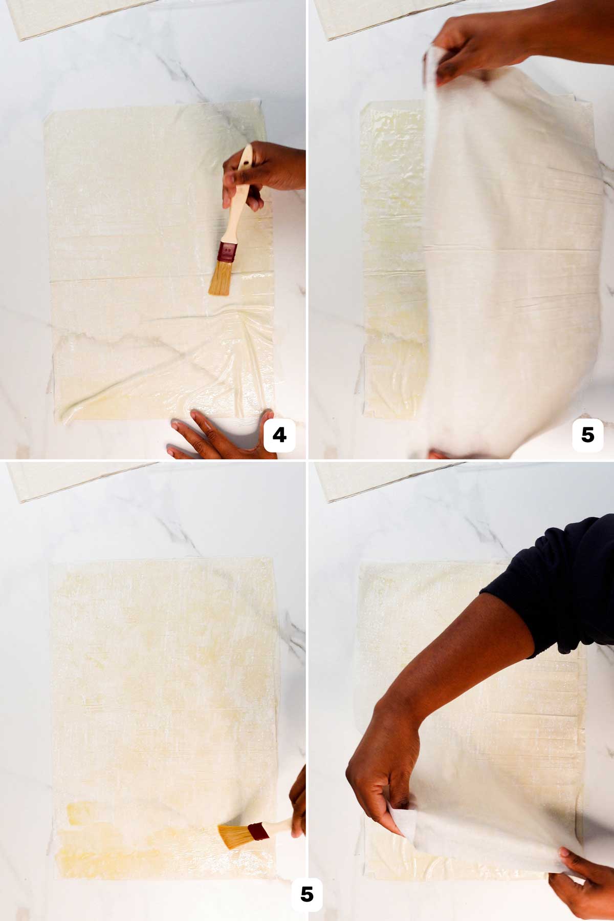 Four-step photo tutorial on prepping the first layer of phyllo dough by brushing it with melted butter.