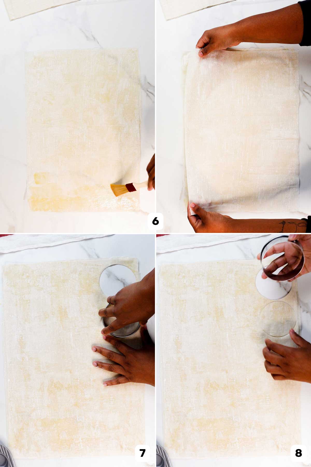 Brushing the phyllo dough sheet with melted butter and cutting it into circles with a round cookie cutter.