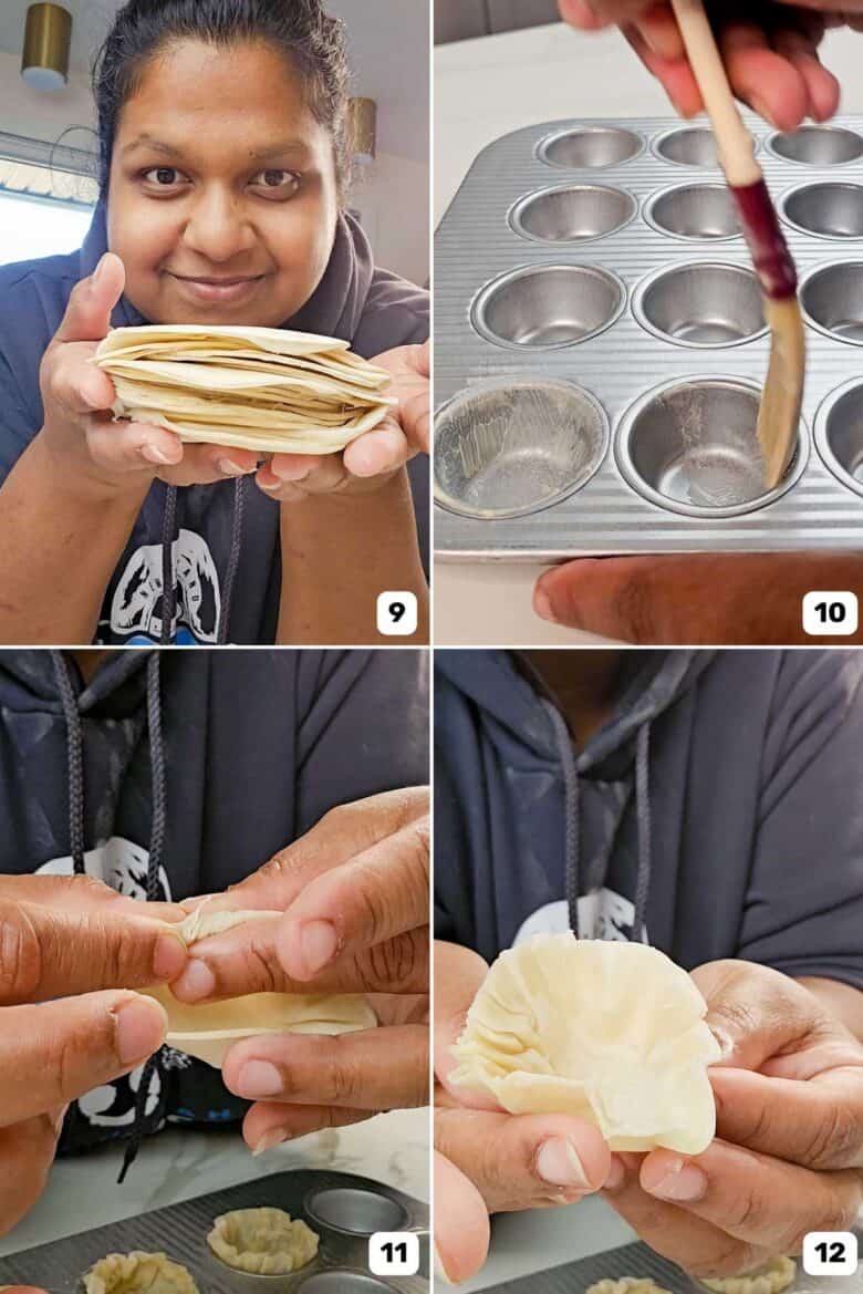 Series of images show brushing butter on a muffin pan, shaping phyllo dough, and a person holding cut pastry circles.