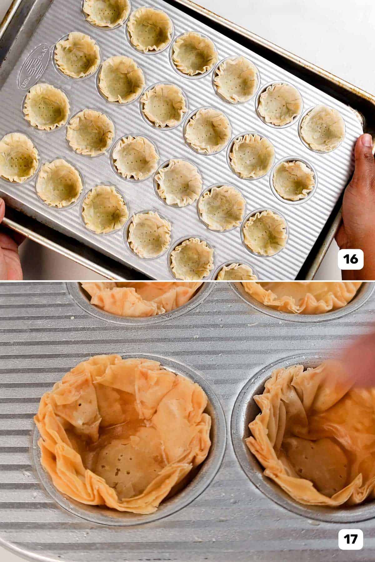 Phyllo cups in the muffin pan before and after baking. The freshly baked shells look crisp and delicate.