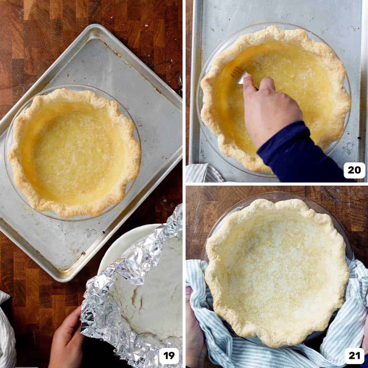 Three panel collage showing a par baked pie crust in a glass pie dish on a half sheet pan.