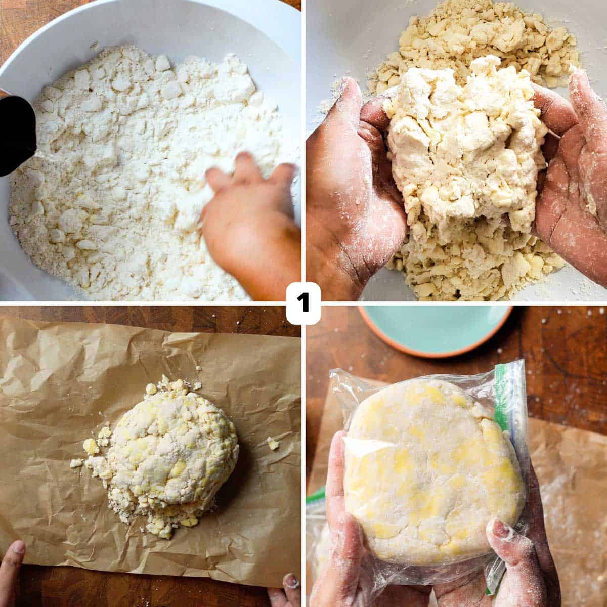 Four images showing how to make pie dough. A bowl of flour with small butter pieces and the dough being mixed by hand, and then wrapped in plastic for chilling.