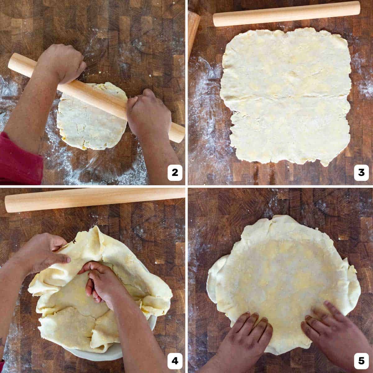 Rolling pie crust dough with a rolling pin on a wooden surface and fitting it in the pie dish.
